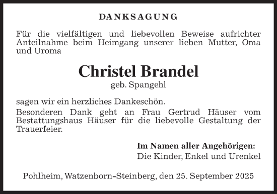 Traueranzeige von Christel Brandel von Pohlheimer Nachrichten