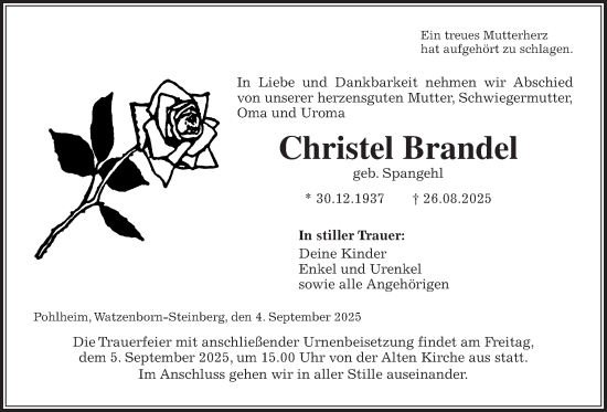 Traueranzeige von Christel Brandel von Pohlheimer Nachrichten