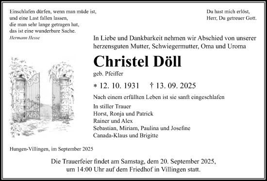 Traueranzeige von Christel Döll von Giessener Allgemeine, Alsfelder Allgemeine