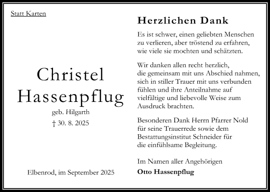 Traueranzeige von Christel Hassenpflug von Oberhessische Zeitung