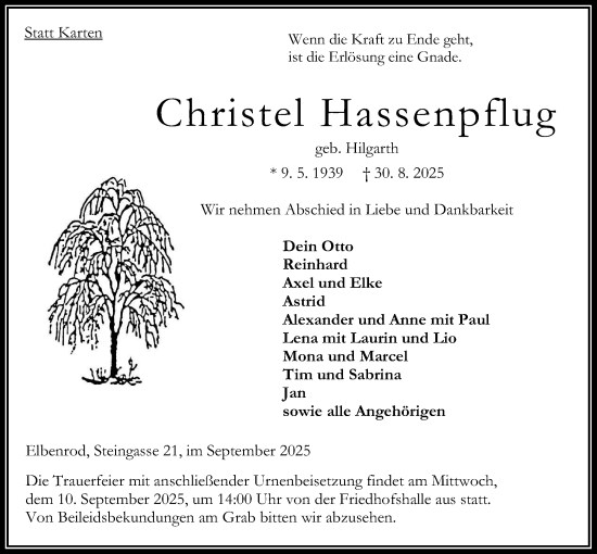 Traueranzeige von Christel Hassenpflug von Oberhessische Zeitung
