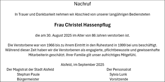 Traueranzeige von Christel Hassenpflug von Oberhessische Zeitung, Alsfelder Allgemeine