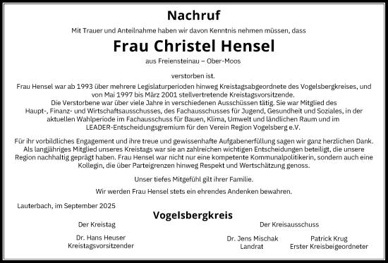 Traueranzeige von Christel Hensel von Lauterbacher Anzeiger