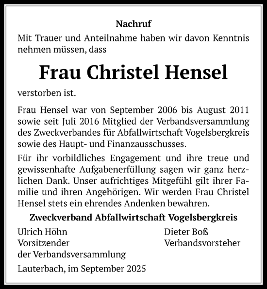 Traueranzeige von Christel Hensel von Lauterbacher Anzeiger, Kreis-Anzeiger, Oberhessische Zeitung