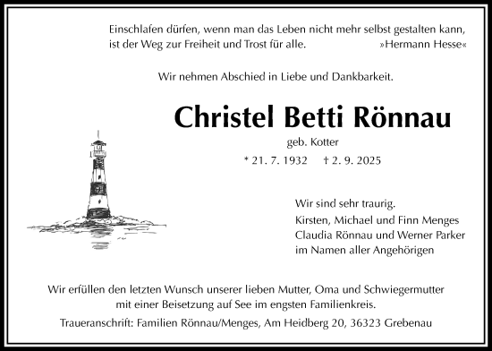 Traueranzeige von Christel Betti Rönnau von Oberhessische Zeitung