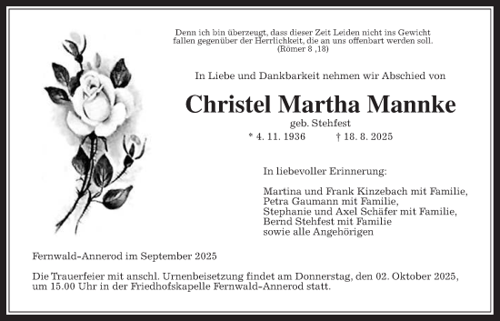 Traueranzeige von Christel Martha Mannke von Giessener Anzeiger, Giessener Allgemeine, Alsfelder Allgemeine