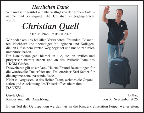 Traueranzeige von Christian Quell von Giessener Anzeiger, Giessener Allgemeine, Alsfelder Allgemeine