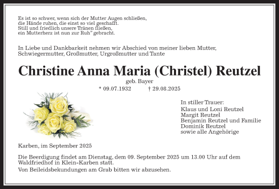 Traueranzeige von Christine Anna Maria Reutzel von Bad Vilbel/Karben, Wetterauer Zeitung