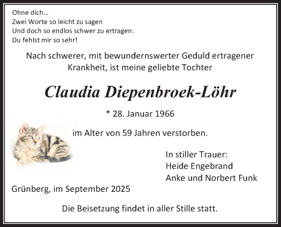 Traueranzeige von Claudia Diepenbroek-Lohr von Giessener Allgemeine, Alsfelder Allgemeine