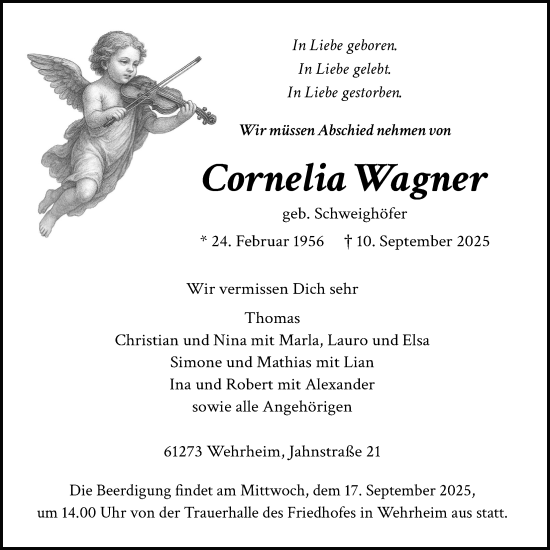 Traueranzeige von Cornelia Wagner von Usinger Anzeiger