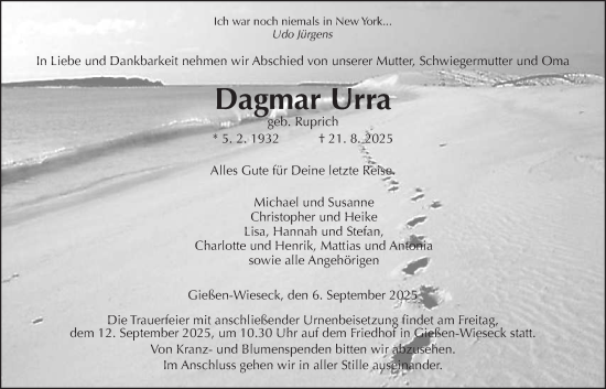 Traueranzeige von Dagmar Urra von Giessener Anzeiger, Giessener Allgemeine, Alsfelder Allgemeine