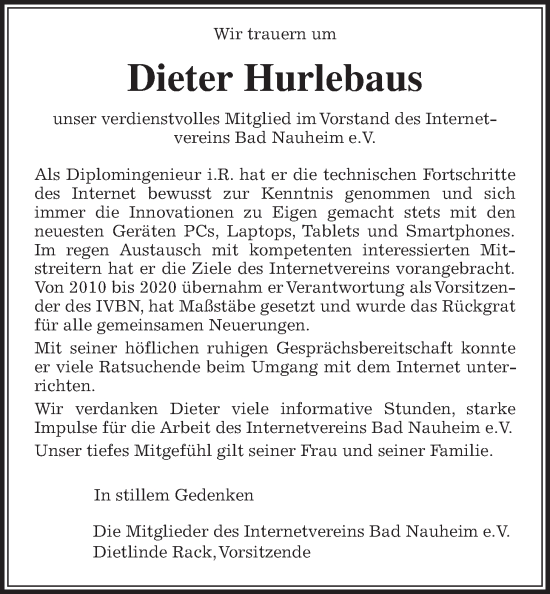 Traueranzeige von Dieter Hurlebaus von Wetterauer Zeitung