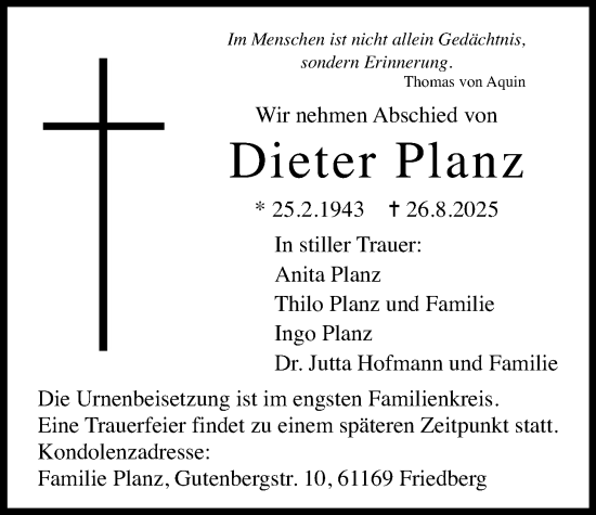 Traueranzeige von Dieter Planz von Wetterauer Zeitung