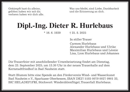 Traueranzeige von Dieter R. Hurlebaus von Wetterauer Zeitung