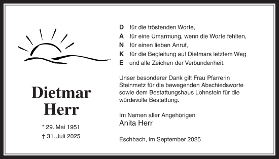 Traueranzeige von Dietmar Herr von Usinger Anzeiger, Usinger Anzeigenblatt
