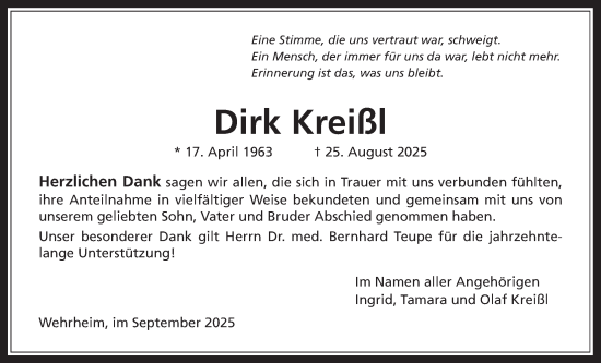 Traueranzeige von Dirk Kreißl von Usinger Anzeiger, Usinger Anzeigenblatt