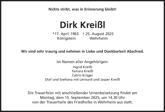Traueranzeige von Dirk Kreißl von Usinger Anzeiger, Usinger Anzeigenblatt