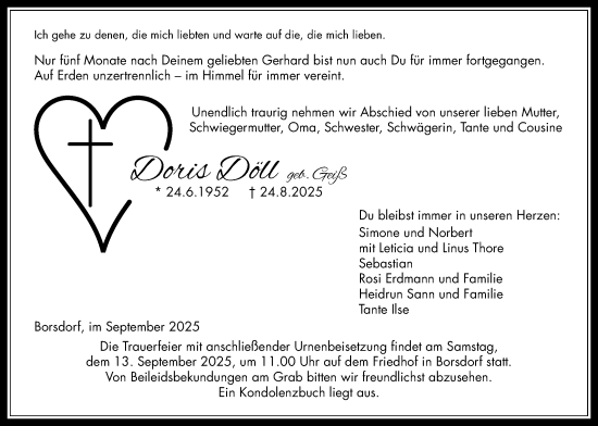 Traueranzeige von Doris Döll von Kreis-Anzeiger
