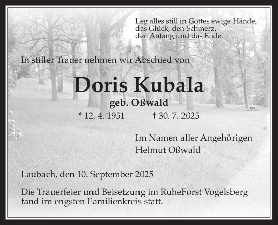 Traueranzeige von Doris Kubala von Laubacher Anzeiger