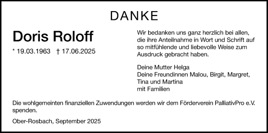 Traueranzeige von Doris Roloff von Wetterauer Zeitung