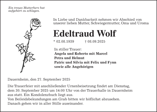 Traueranzeige von Edeltraud Wolf von Kreis-Anzeiger