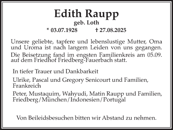 Traueranzeige von Edith Raupp von Wetterauer Zeitung
