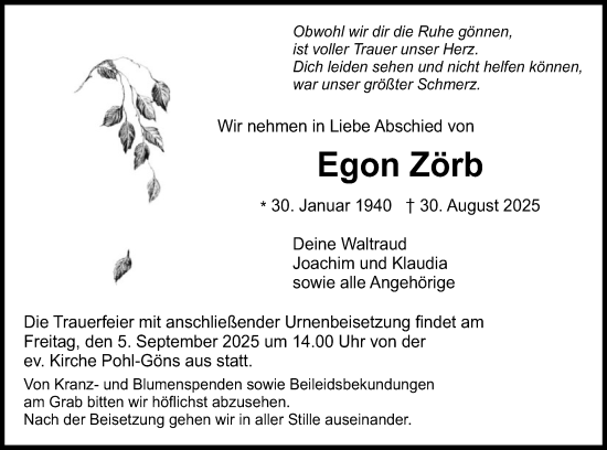 Traueranzeige von Egon Zörb von Butzbacher Zeitung