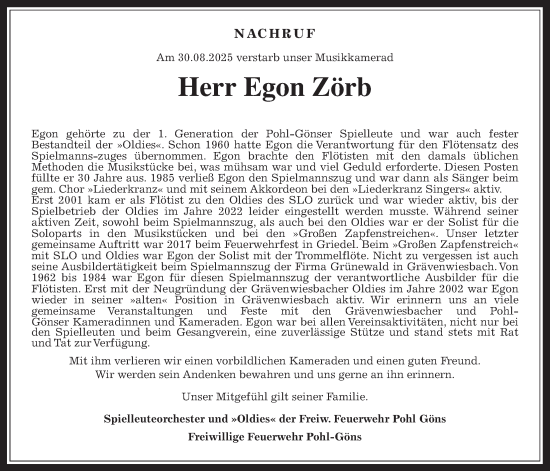 Traueranzeige von Egon Zörb von Butzbacher Zeitung