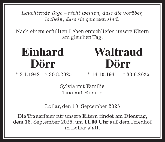 Traueranzeige von Einhard Dörr von Giessener Allgemeine, Alsfelder Allgemeine