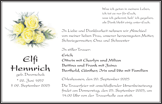 Traueranzeige von Elfi Hennrich von Kreis-Anzeiger
