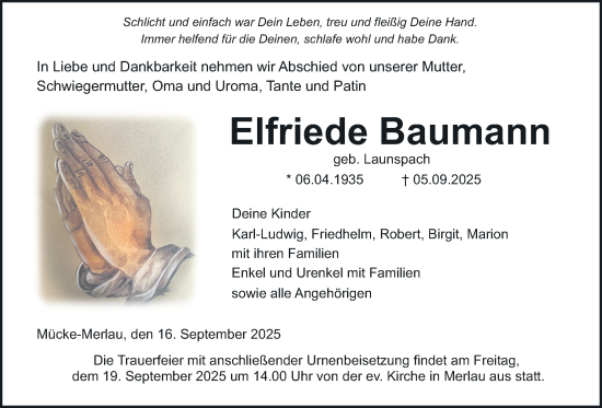 Traueranzeige von Elfriede Baumann von Giessener Allgemeine, Alsfelder Allgemeine
