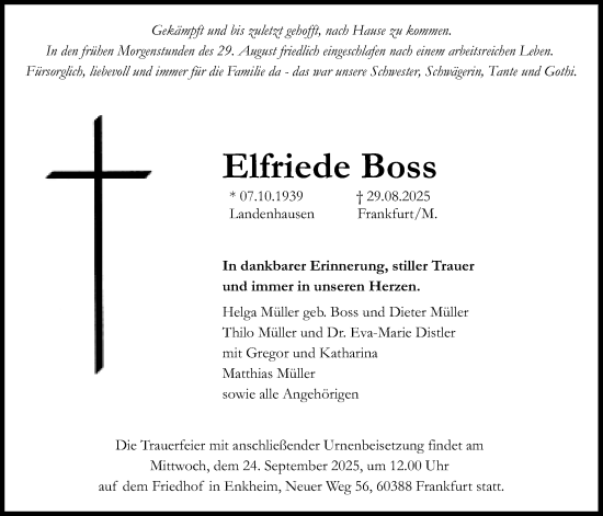 Traueranzeige von Elfriede Boss von Lauterbacher Anzeiger