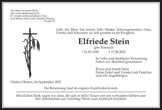 Traueranzeige von Elfriede Stein von Giessener Allgemeine, Alsfelder Allgemeine