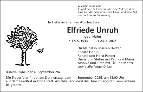 Traueranzeige von Elfriede Unruh von Giessener Anzeiger, Giessener Allgemeine, Alsfelder Allgemeine