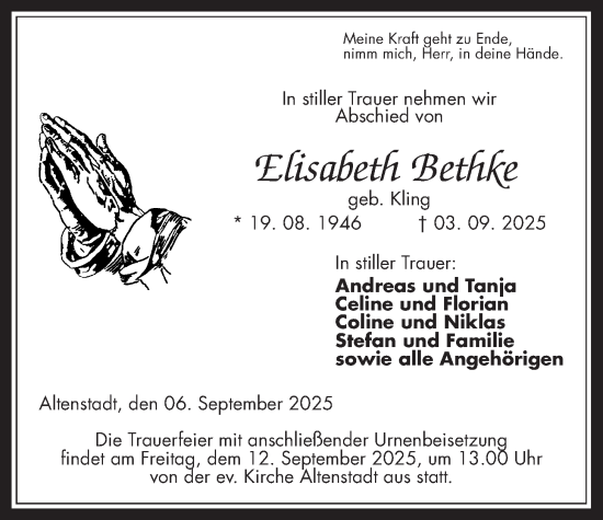 Traueranzeige von Elisabeth Bethke von Kreis-Anzeiger