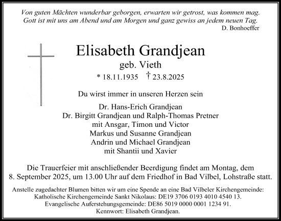 Traueranzeige von Elisabeth Grandjean von Bad Vilbel/Karben