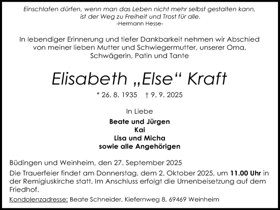 Traueranzeige von Elisabeth Kraft von Kreis-Anzeiger
