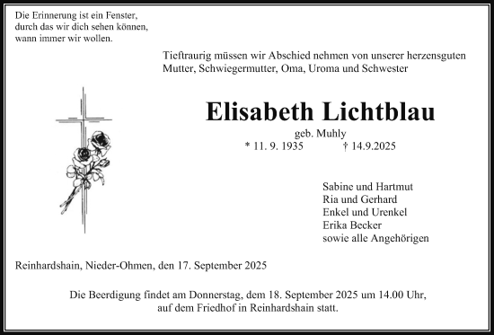 Traueranzeige von Elisabeth Lichtblau von Giessener Anzeiger, Giessener Allgemeine, Alsfelder Allgemeine