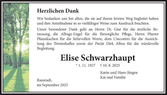 Traueranzeige von Elise Schwarzhaupt von Kreis-Anzeiger