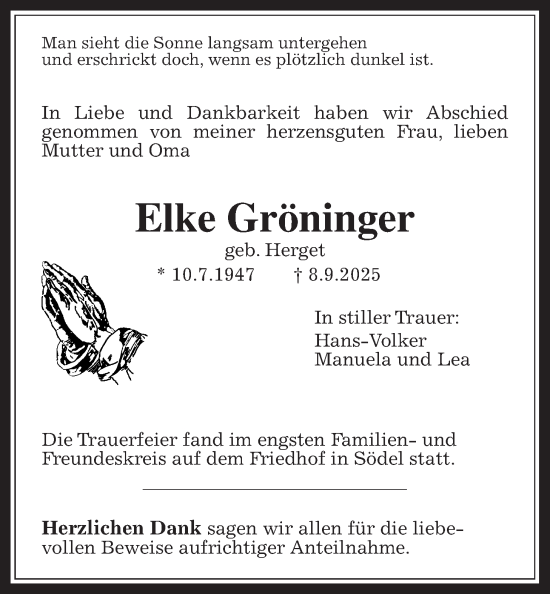 Traueranzeige von Elke Gröninger von Wetterauer Zeitung