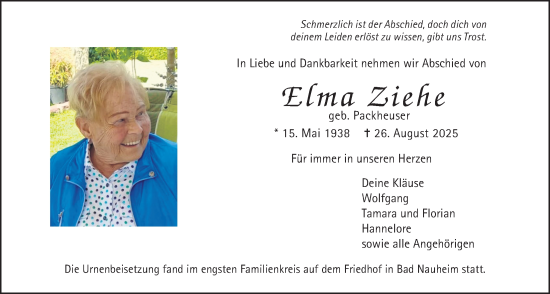 Traueranzeige von Elma Ziehe von Wetterauer Zeitung