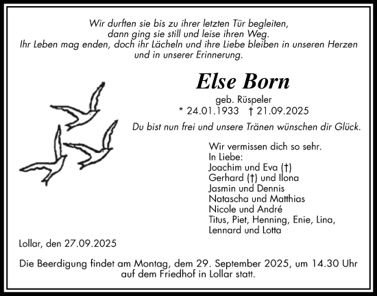 Traueranzeige von Else Born von Giessener Allgemeine, Alsfelder Allgemeine