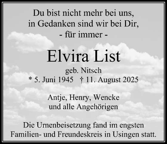 Traueranzeige von Elvira List von Usinger Anzeigenblatt