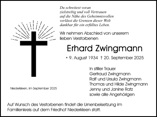 Traueranzeige von Erhard Zwingmann von Butzbacher Zeitung