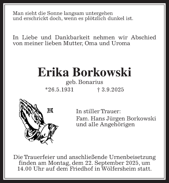Traueranzeige von Erika Borkowski von Wetterauer Zeitung
