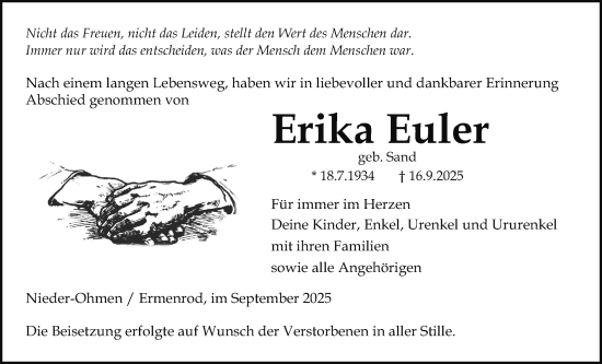 Traueranzeige von Erika Euler von Alsfelder Allgemeine, Oberhessische Zeitung