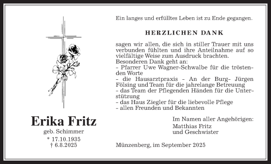 Traueranzeige von Erika Fritz von Butzbacher Zeitung