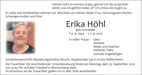 Traueranzeige von Erika Höhl von Butzbacher Zeitung