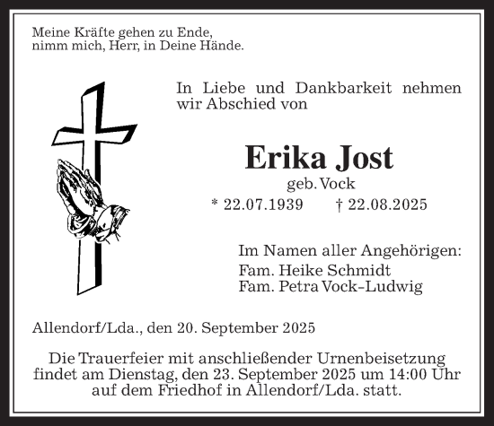 Traueranzeige von Erika Jost von Giessener Anzeiger, Giessener Allgemeine, Alsfelder Allgemeine