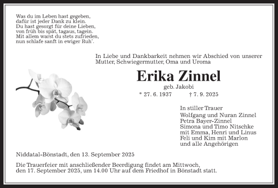 Traueranzeige von Erika Zinnel von Wetterauer Zeitung
